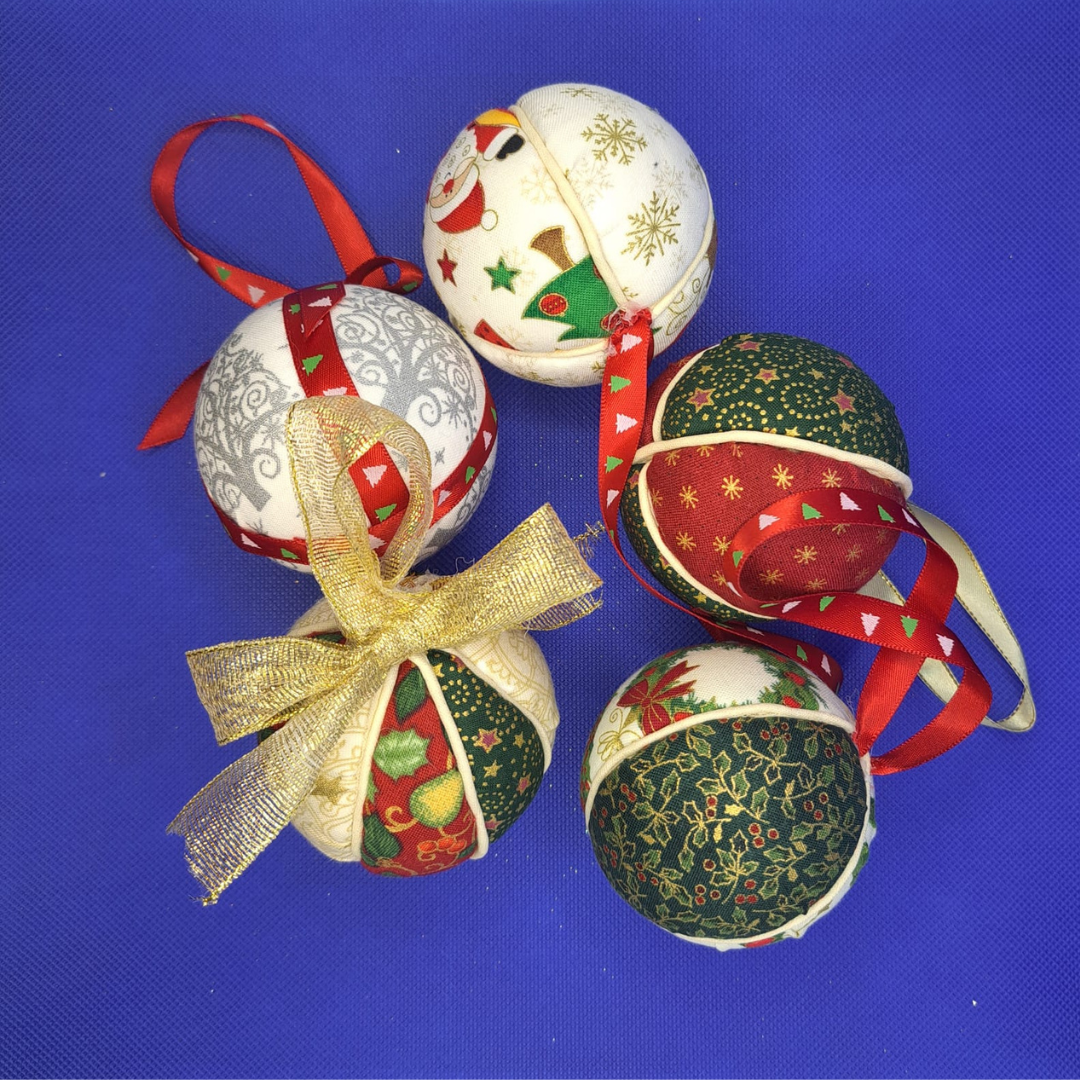 Handmade Fabric Christmas Baubles - 4 Pack + 1 Free