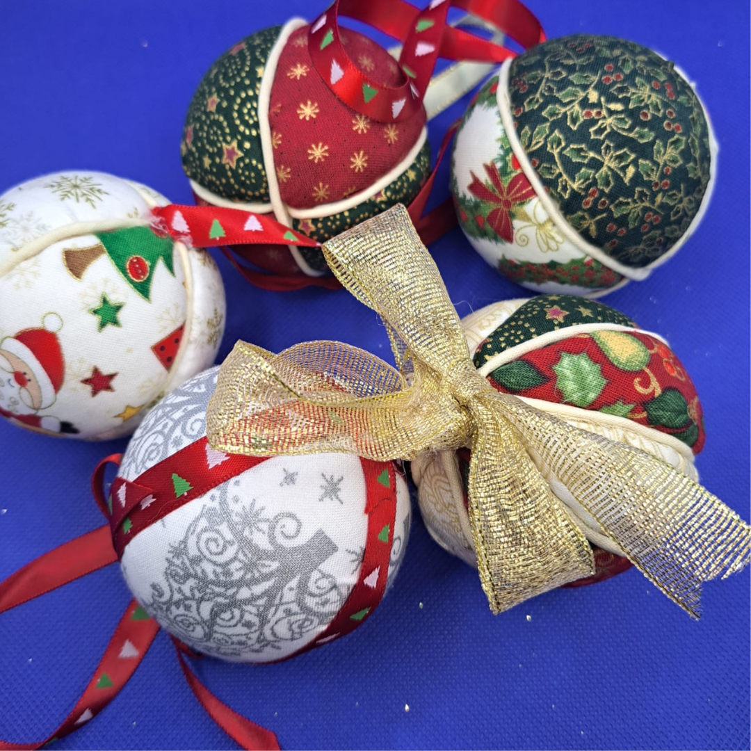 Handmade Fabric Christmas Baubles - 4 Pack + 1 Free