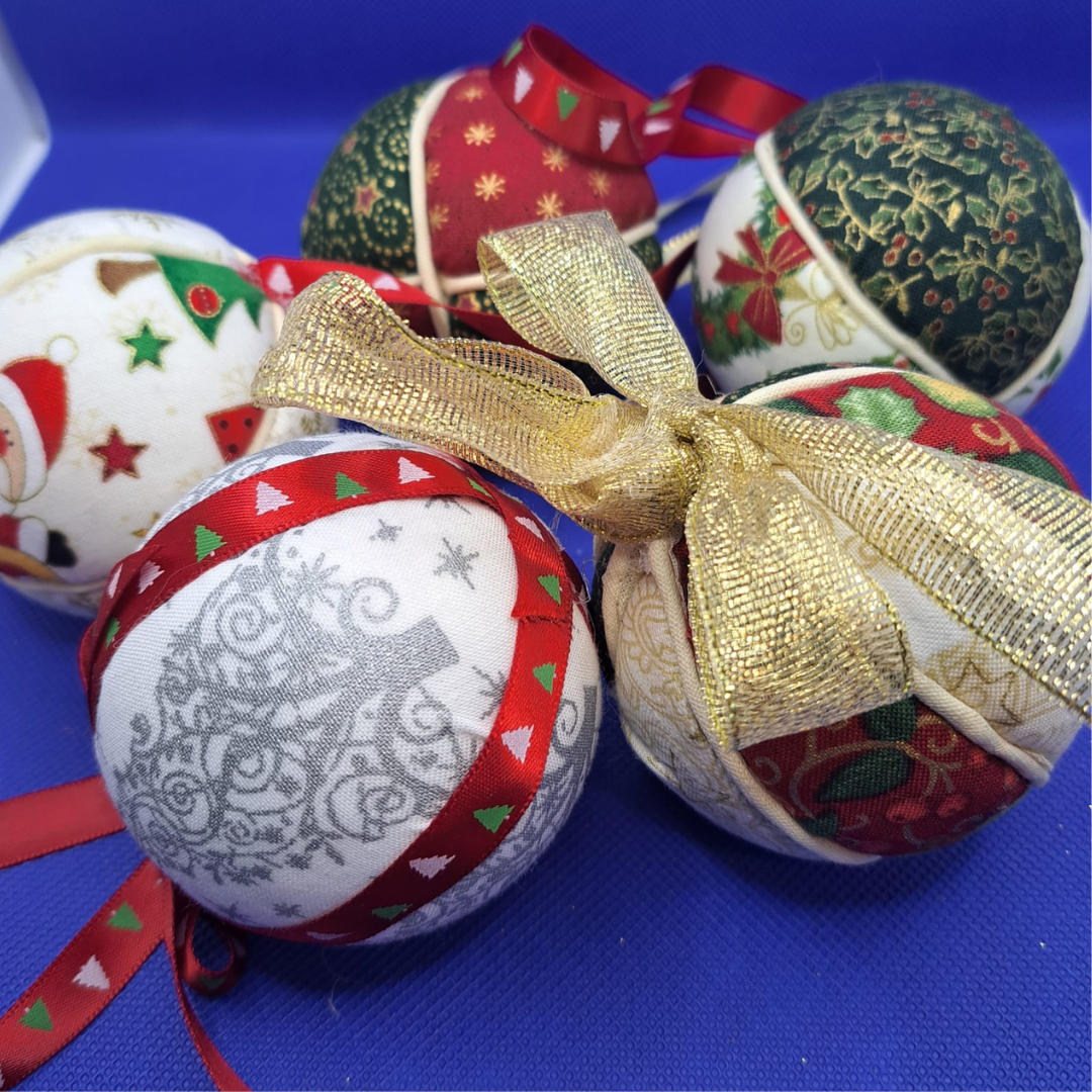 Handmade Fabric Christmas Baubles - 4 Pack + 1 Free